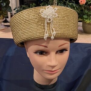 Elegant Metallic Gold Women's Hat with Pearl Accent